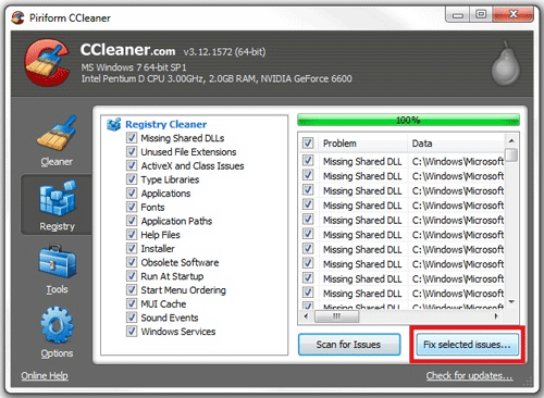 CCleaner Registry Tool Fix Selected Issues